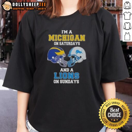 Alt Text: Ladies tee featuring a football helmet design with 'Good I'm A Michigan on Saturdays, a Lions on Sundays' slogan.
