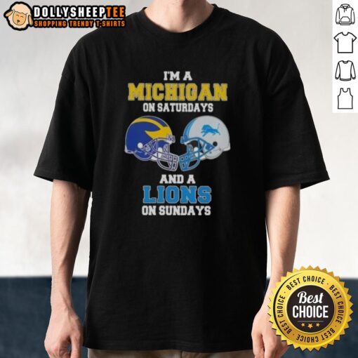 Good I'm a Michigan on Saturdays and a Lions on Sundays football helmet t-shirt design in vibrant colors.