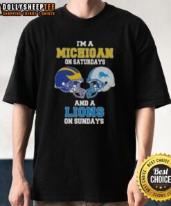 Good I'm a Michigan on Saturdays and a Lions on Sundays football helmet t-shirt design in vibrant colors.