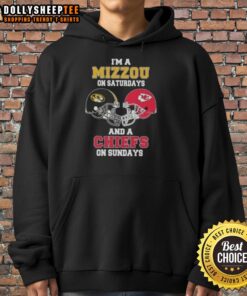 Good I'm a Mizzou on Saturdays and a Chiefs on Sundays hoodie featuring a football helmet design, perfect for sports fans.