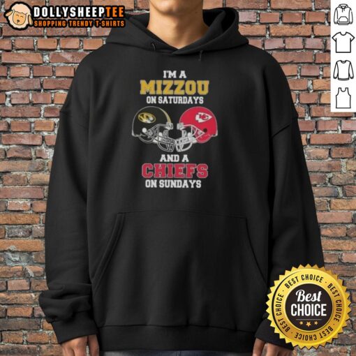Good I'm a Mizzou on Saturdays and a Chiefs on Sundays hoodie featuring a football helmet design, perfect for sports fans.