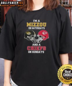 Alt Text: Good I'm a Mizzou on Saturdays and a Chiefs on Sundays football helmet ladies tee for passionate sports fans.