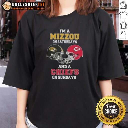 Alt Text: Good I'm a Mizzou on Saturdays and a Chiefs on Sundays football helmet ladies tee for passionate sports fans.