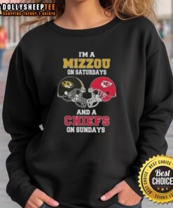 Alt Text: Stylish sweatshirt featuring a football helmet design, perfect for Mizzou Saturdays and Chiefs Sundays.