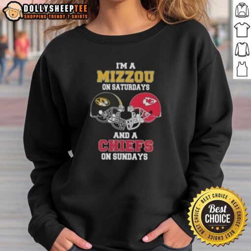 Alt Text: Stylish sweatshirt featuring a football helmet design, perfect for Mizzou Saturdays and Chiefs Sundays.