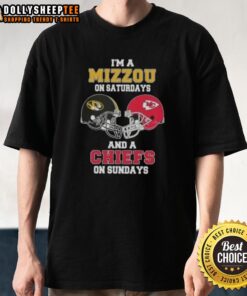 Good Im A Mizzou on Saturdays and a Chiefs on Sundays football helmet T-shirt for passionate sports fans.