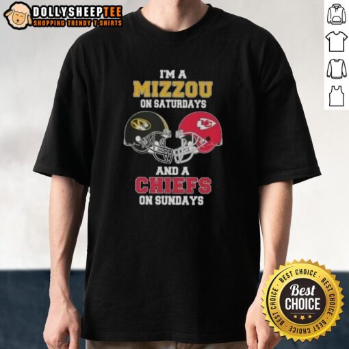 Good Im A Mizzou on Saturdays and a Chiefs on Sundays football helmet T-shirt for passionate sports fans.