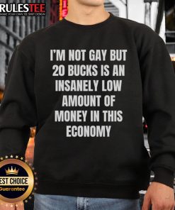 Alt Text: Funny sweatshirt saying 'Good I'm Not Gay But 20 Bucks Is Insanely Low' perfect for casual wear and humor lovers.