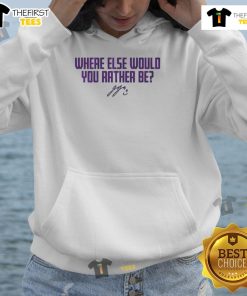 Alt Text: J.J. McCarthy wearing a Minnesota Vikings hoodie with Where Else Would You Rather Be signature design.