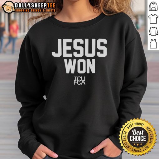 Good Jesus Won TCU Football Sweatshirt in purple with team logo, perfect for fans supporting TCU Horned Frogs.