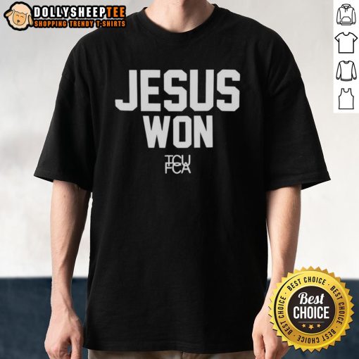 Good Jesus Won TCU Football T-Shirt featuring vibrant graphics celebrating TCU football and faith.