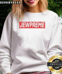 Good Jewpreme logo parody sweatshirt featuring playful design, perfect for streetwear enthusiasts and unique fashion lovers.