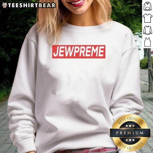Good Jewpreme logo parody sweatshirt featuring playful design, perfect for streetwear enthusiasts and unique fashion lovers.