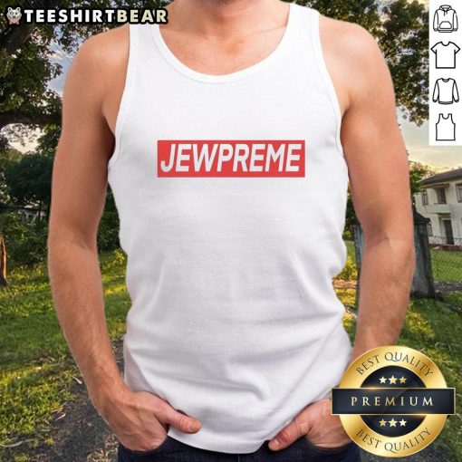 Good Jewpreme logo parody tank top featuring a unique design, perfect for trendy streetwear enthusiasts.