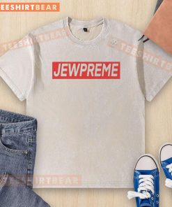 Alt Text: Good Jewpreme logo parody on a washed t-shirt, featuring a trendy design for fashion-forward streetwear enthusiasts.
