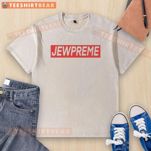 Alt Text: Good Jewpreme logo parody on a washed t-shirt, featuring a trendy design for fashion-forward streetwear enthusiasts.