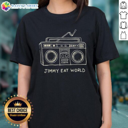 Good Jimmy Eat World Boombox Ladies Tee featuring a vibrant design of a boombox and band logo for music lovers.