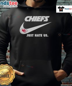 Alt Text: Good Just Hate Us Nike Kansas City Chiefs logo hoodie featuring vibrant team colors and bold graphics.