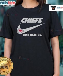 Good Just Hate Us Nike Kansas City Chiefs logo ladies tee featuring a stylish design for female fans of the NFL.