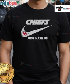 Alt Text: Good Just Hate Us Nike Kansas City Chiefs Logo T-Shirt featuring bold team logo and stylish design for fans.