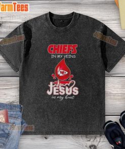Good Kansas City Chiefs in my veins Jesus in my heart washed T-shirt for football lovers, featuring vibrant team colors.