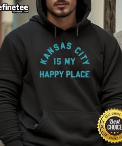 Cozy Good Kansas City Is My Happy Place Hoodie displayed on a wooden background, perfect for city pride and comfort.