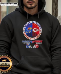 Good Kansas Sports hoodie featuring Jayhawks and Chiefs helmets, perfect for football fans on Saturdays and Sundays.