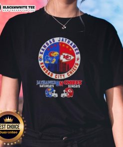 Good Kansas Sports Jayhawks Saturdays on Chiefs Sundays football helmets ladies tee, perfect for fans of both teams.