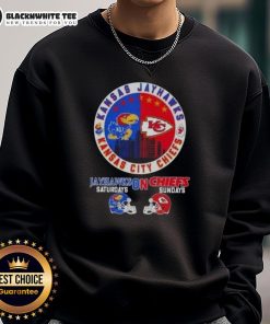 Good Kansas Sports sweatshirt featuring Jayhawks and Chiefs helmets, perfect for football Saturdays and Sundays.