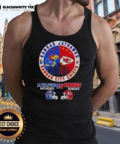 Good Kansas Sports Jayhawks Saturdays on Chiefs Sundays football tank top featuring vibrant team helmets design.