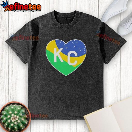 Good KC Football is Headed to Brazil Heart Washed T-Shirt featuring a vibrant design for fans of Kansas City football.