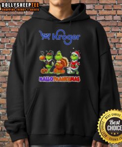Happy HalloThanksMas hoodie featuring Good Kroger x Grinch cosplay design, perfect for festive celebrations and cozy wear.