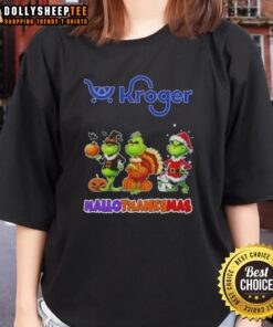 Happy HalloThanksMas ladies tee featuring Good Kroger X Grinch cosplay design, perfect for festive holiday celebrations.
