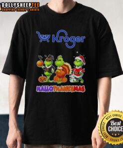 Alt Text: Good Kroger X Grinch cosplay Happy Hallothanksmas T-shirt featuring colorful graphic design and festive style.