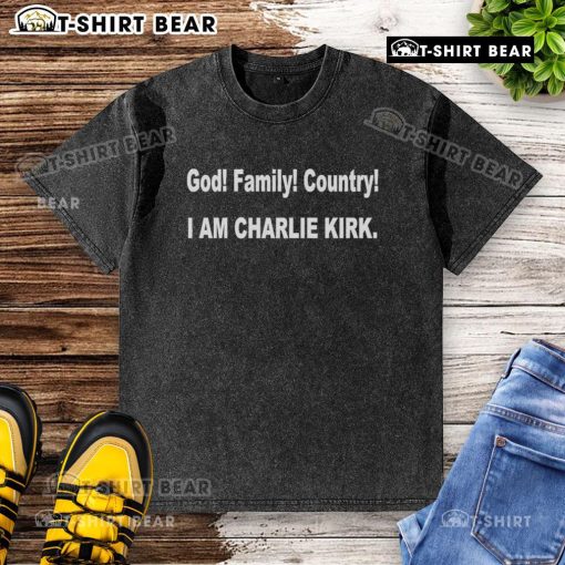 Good Lisa Robinson wearing 'God Family Country' Charlie Kirk washed t-shirt, showcasing a casual and patriotic style.