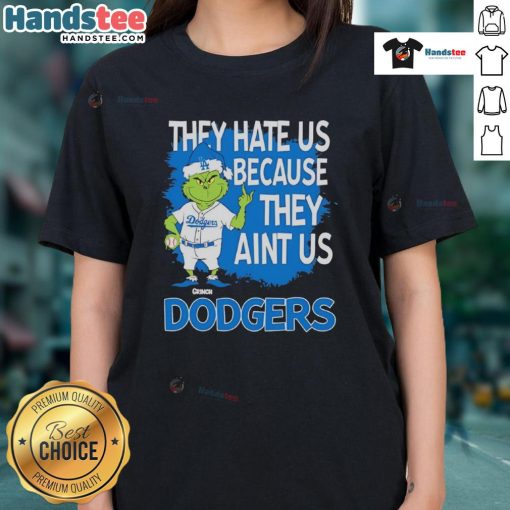 Womens Los Angeles Dodgers Grinch Christmas tee featuring 'They Hate Ain't Us' design for festive sports fans.