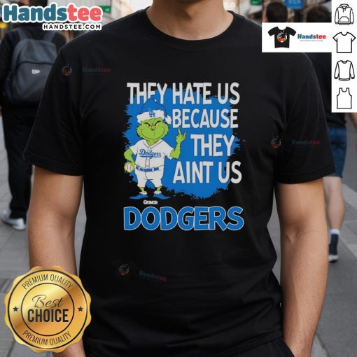 Good Los Angeles Dodgers Grinch Christmas T-Shirt featuring 'They Hate Ain't Us' design, perfect for holiday fans.
