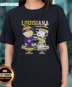 Good Louisiana sports tee featuring Charlie Brown, LSU Tigers on Saturdays, and New Orleans Saints skyline design.