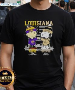 Good Louisiana Sports T-Shirt featuring Charlie Brown, LSU Tigers, Snoopy, and New Orleans Saints skyline design.
