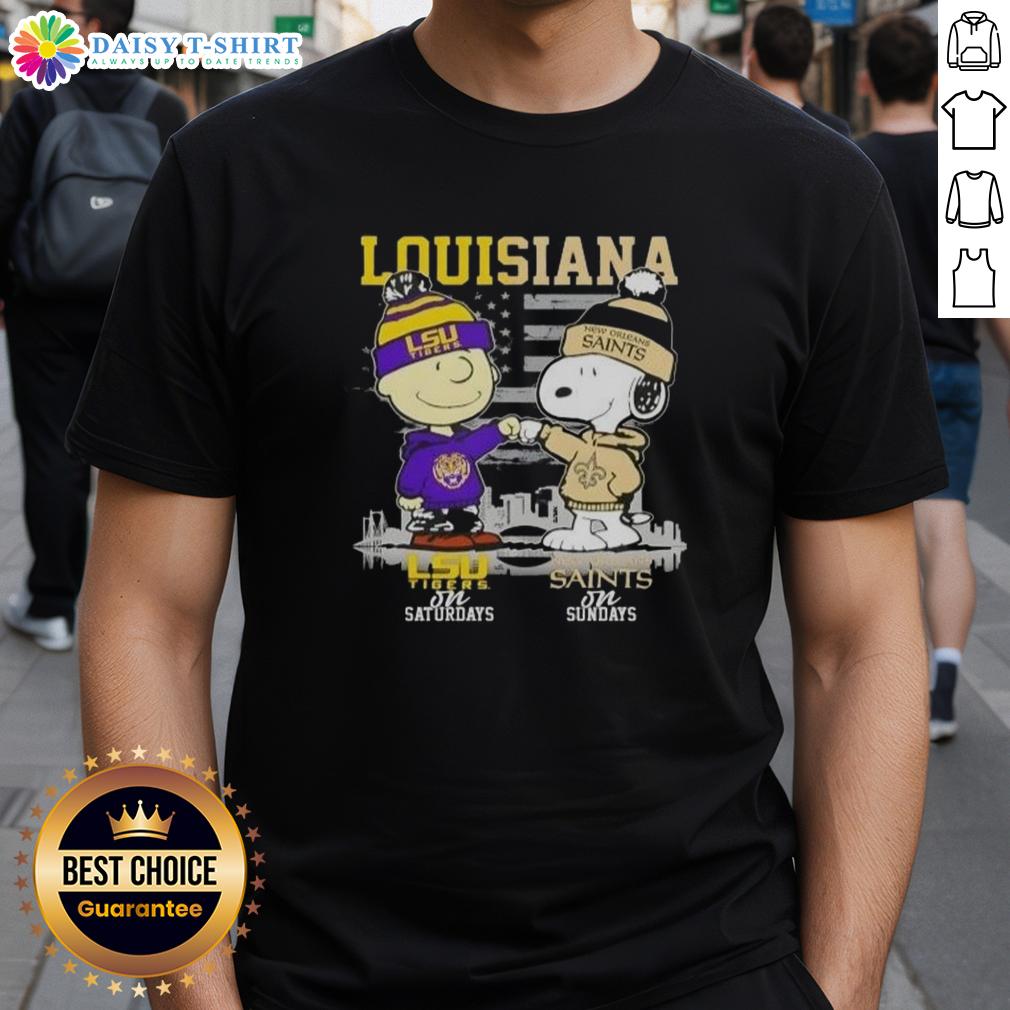 Good Louisiana Sports Charlie Brown LSU Tigers On Saturdays X Snoopy New Orleans Saints On Sundays Skyline T-Shirt Good Louisiana Sports T-Shirt featuring Charlie Brown, LSU Tigers, Snoopy, and New Orleans Saints skyline design.