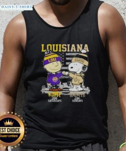 Good Louisiana Sports tank top featuring Charlie Brown, LSU Tigers on Saturdays, and Snoopy with New Orleans Saints skyline.