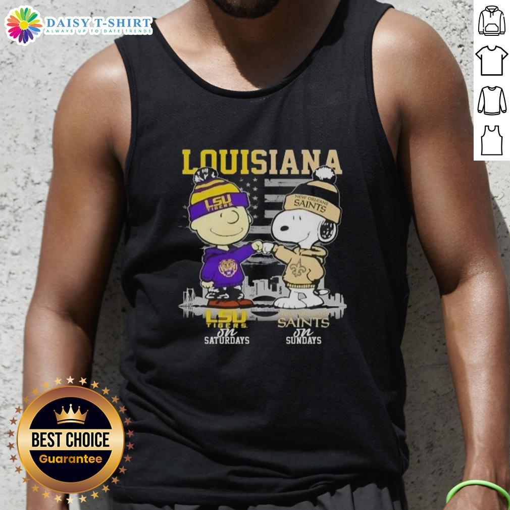 Good Louisiana Sports Charlie Brown LSU Tigers On Saturdays X Snoopy New Orleans Saints On Sundays Skyline Tank Top Good Louisiana Sports tank top featuring Charlie Brown, LSU Tigers on Saturdays, and Snoopy with New Orleans Saints skyline.