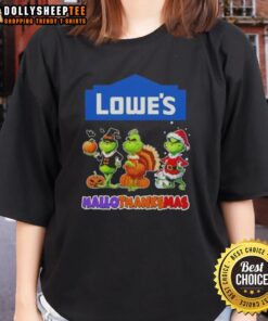 Happy HalloThanksMas ladies' tee featuring Good Lowes X Grinch cosplay design, perfect for festive celebrations.