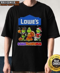 Good Lowe's X Grinch Cosplay Happy Hallothanksmas T-Shirt featuring vibrant colors and festive design for holiday celebrations.