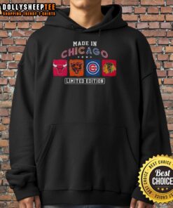 Good Made in Chicago sports hoodie featuring Bulls, Bears, Cubs, and Blackhawks logos for fans of Chicago teams.