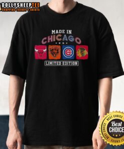 Good Made In Chicago sports T-shirt featuring Bulls, Bears, Cubs, and Blackhawks logos, perfect for Chicago fans.