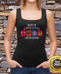 Good Made In Chicago sports tank top featuring Bulls, Bears, Cubs, and Blackhawks logos in vibrant colors.