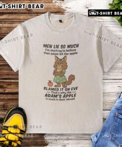 Good Maine Coon cat lounging in a witty 'Im starting to believe that Adam bit the apple' washed T-shirt.