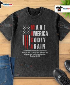 Alt Text: Good Make America Godly Again t-shirt featuring USA flag design, perfect for patriotic events and casual wear.