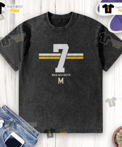 Good Maryland Terrapins Football Malik Washington 7 Stripe Washed T-Shirt displayed on a hanger with vibrant team colors.